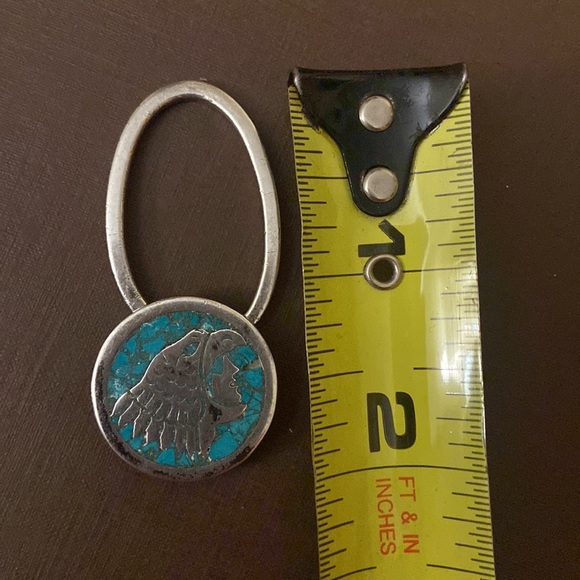 Vintage crushed turquoise inlay tribal key ring Mexico Taxco 925 - Picture 8 of 13